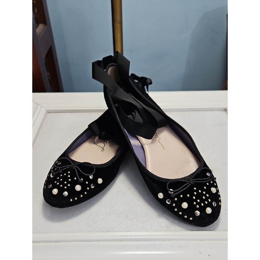 NWOT Libby Edelman Black Pearl-Embellished Ballet Flats with Ankle Ribbons 8.5M